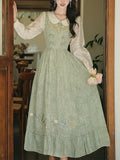 Green Peter Pan Collar  Luxurious Embroidered Long Sleeve Vintage Dress