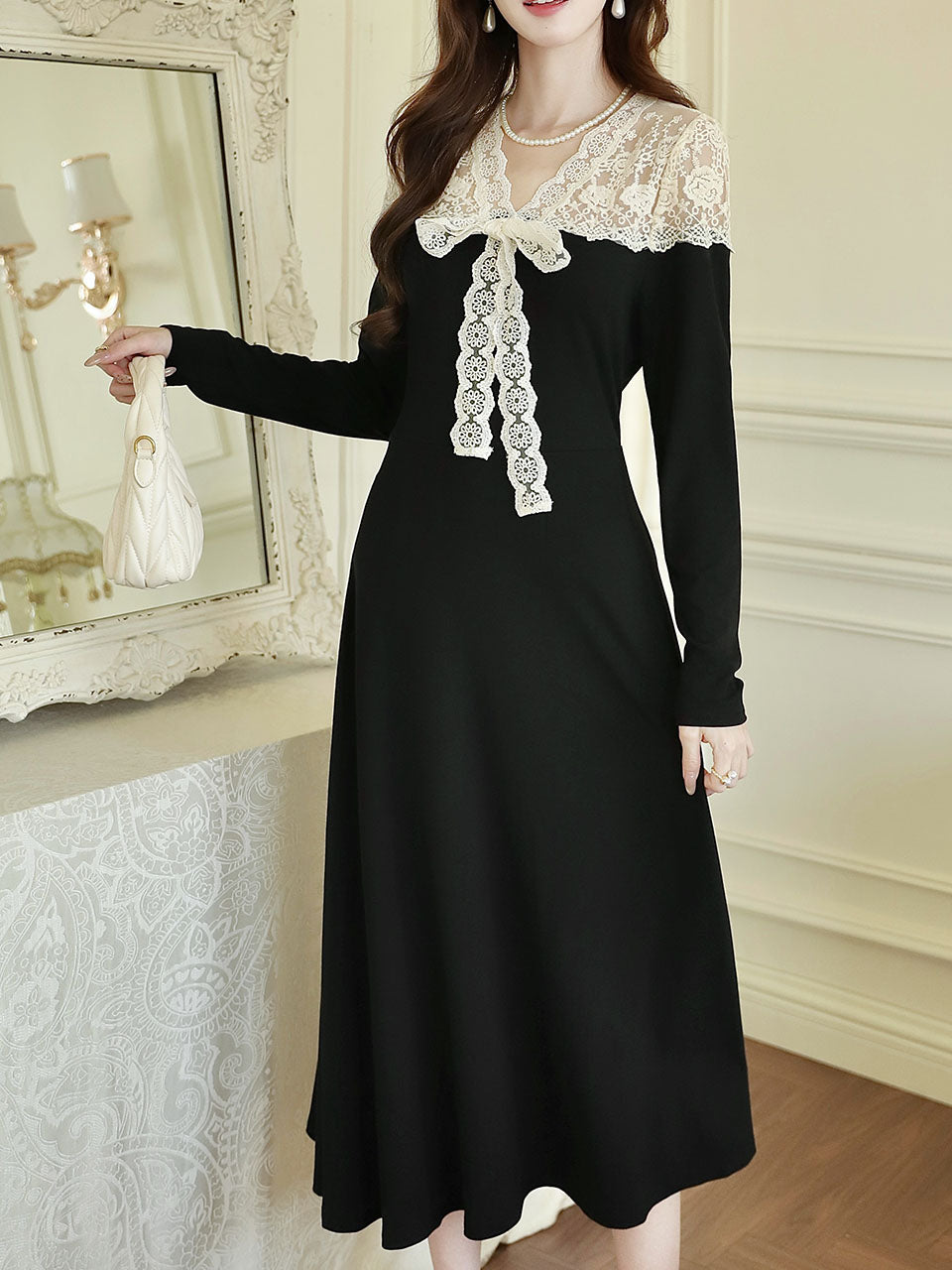 Classic White Lace Audrey Hepburn Style Black Dress