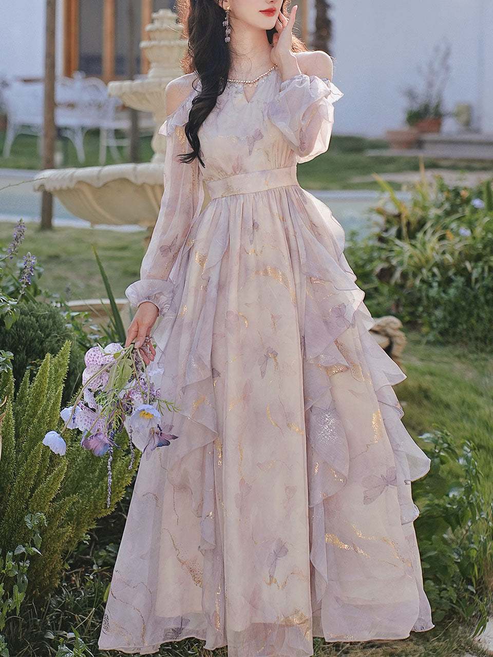 Vintage 1970s Floral Print Lavender Chiffon Ruffled Off-Shoulder Long Sleeve Maxi Dress