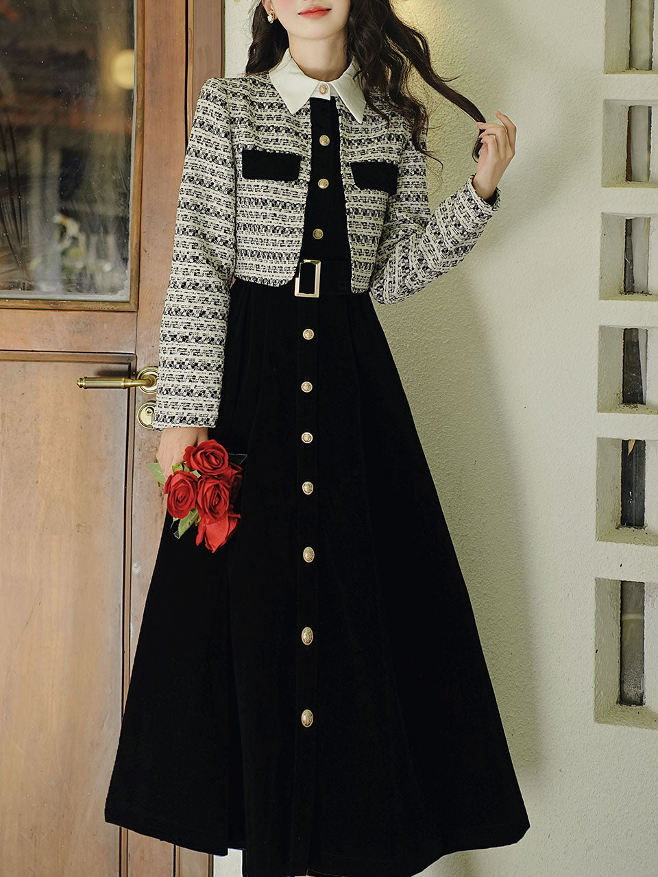 Black Tweed Fake Two-Piece Long Sleeve Vintage Dress