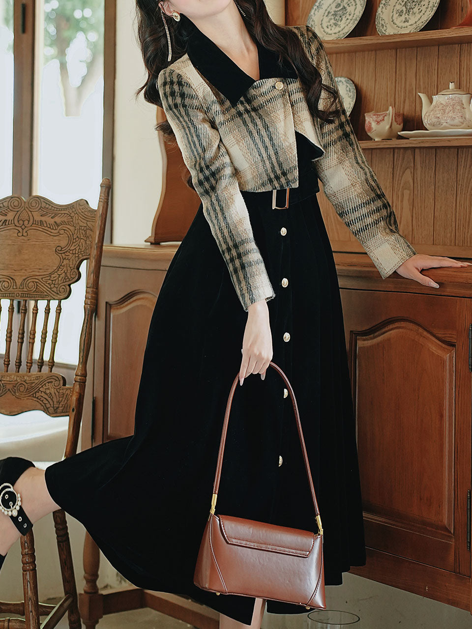 Black Plaid Tweed Fake Two-Piece Long Sleeve Vintage Dress