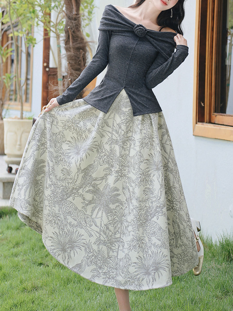 Gray Off Shoulder Slit Knit Top and Floral Jacquard Maxi Skirt Set