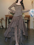 1950S Vintage Brown Rose Top and Irregular lace Swing Skirt Set