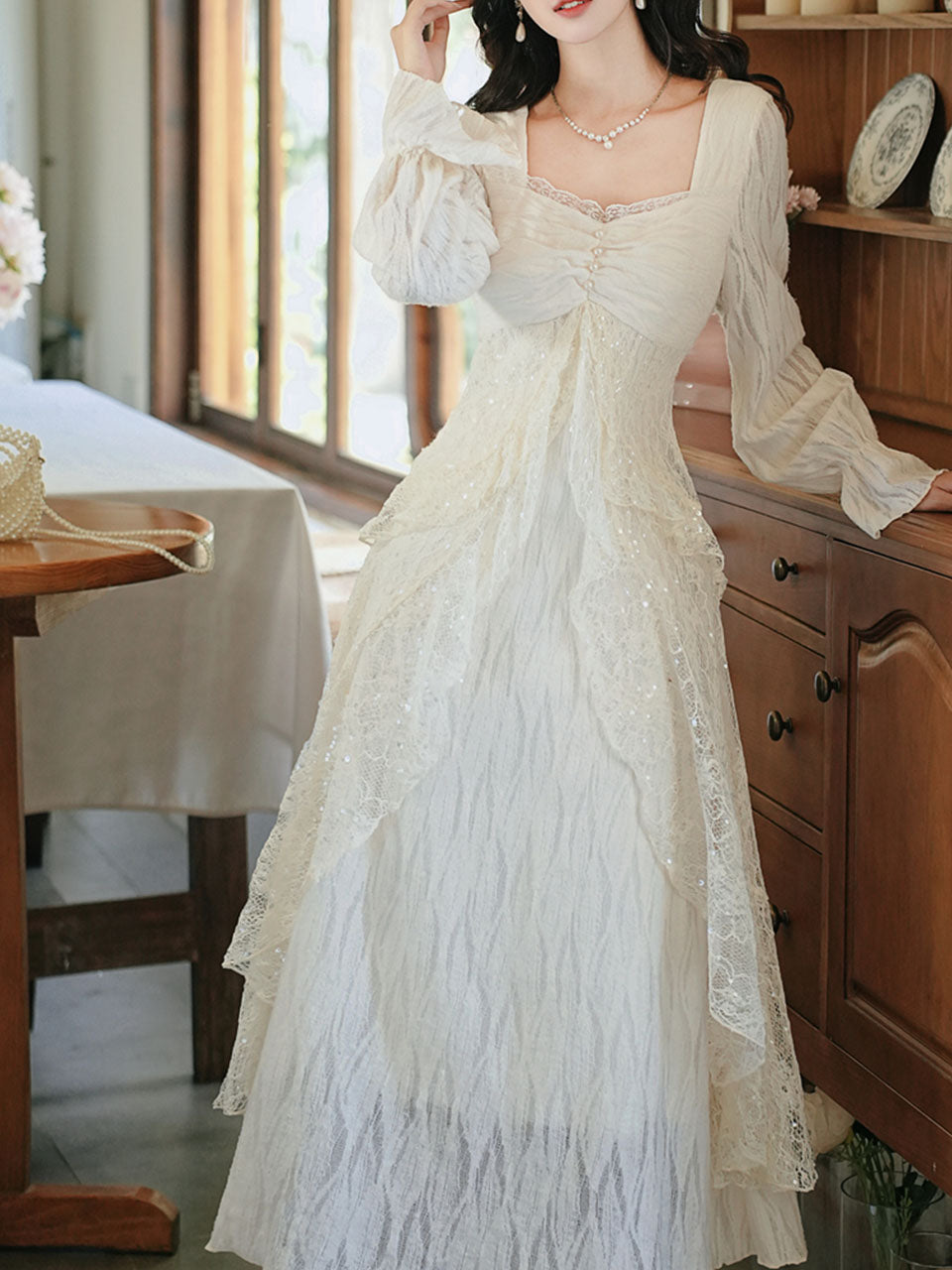 White Lace Ruffle Long Sleeve Sequined Vintage Dress