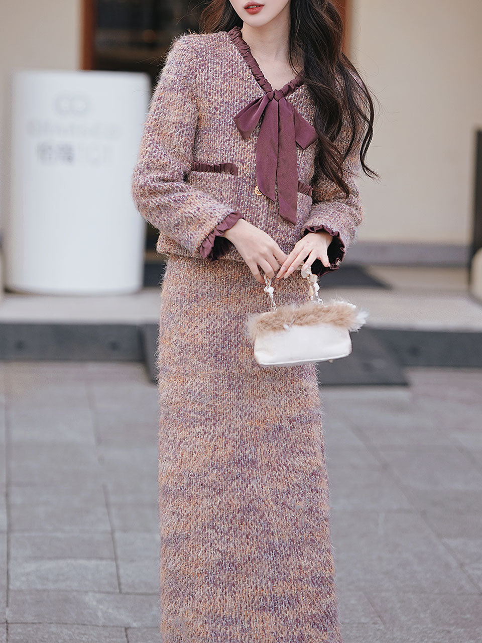 2PS Purple Bow Tweed Warm Coat