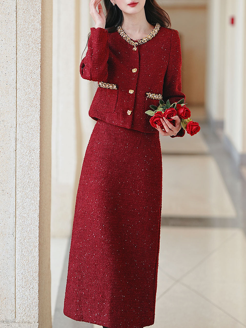 2PS Red Luxurious Sequined Warm Tweed Coat