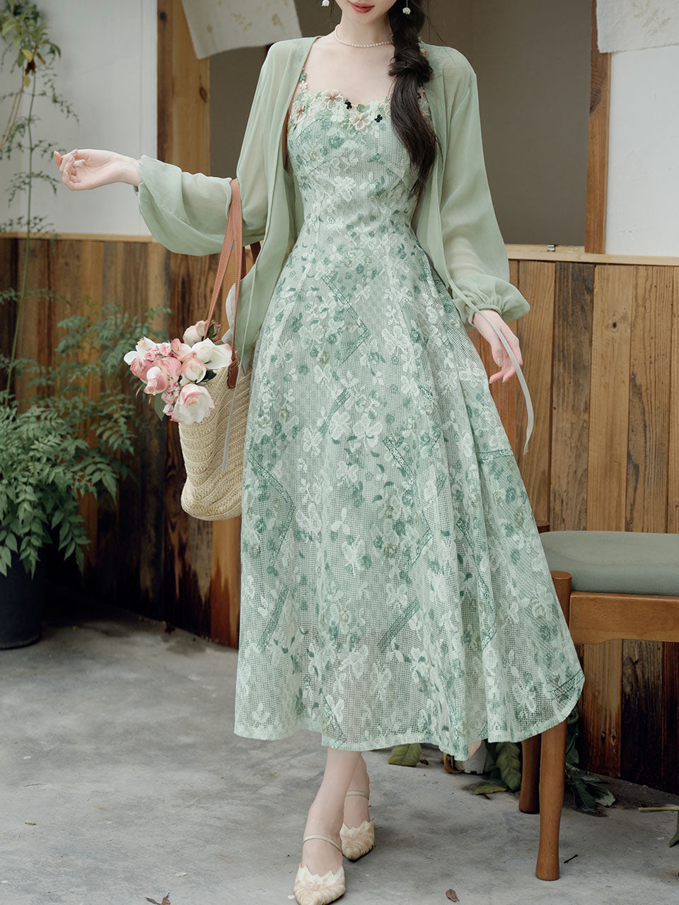 2PS Green Floral Print Lace Dress