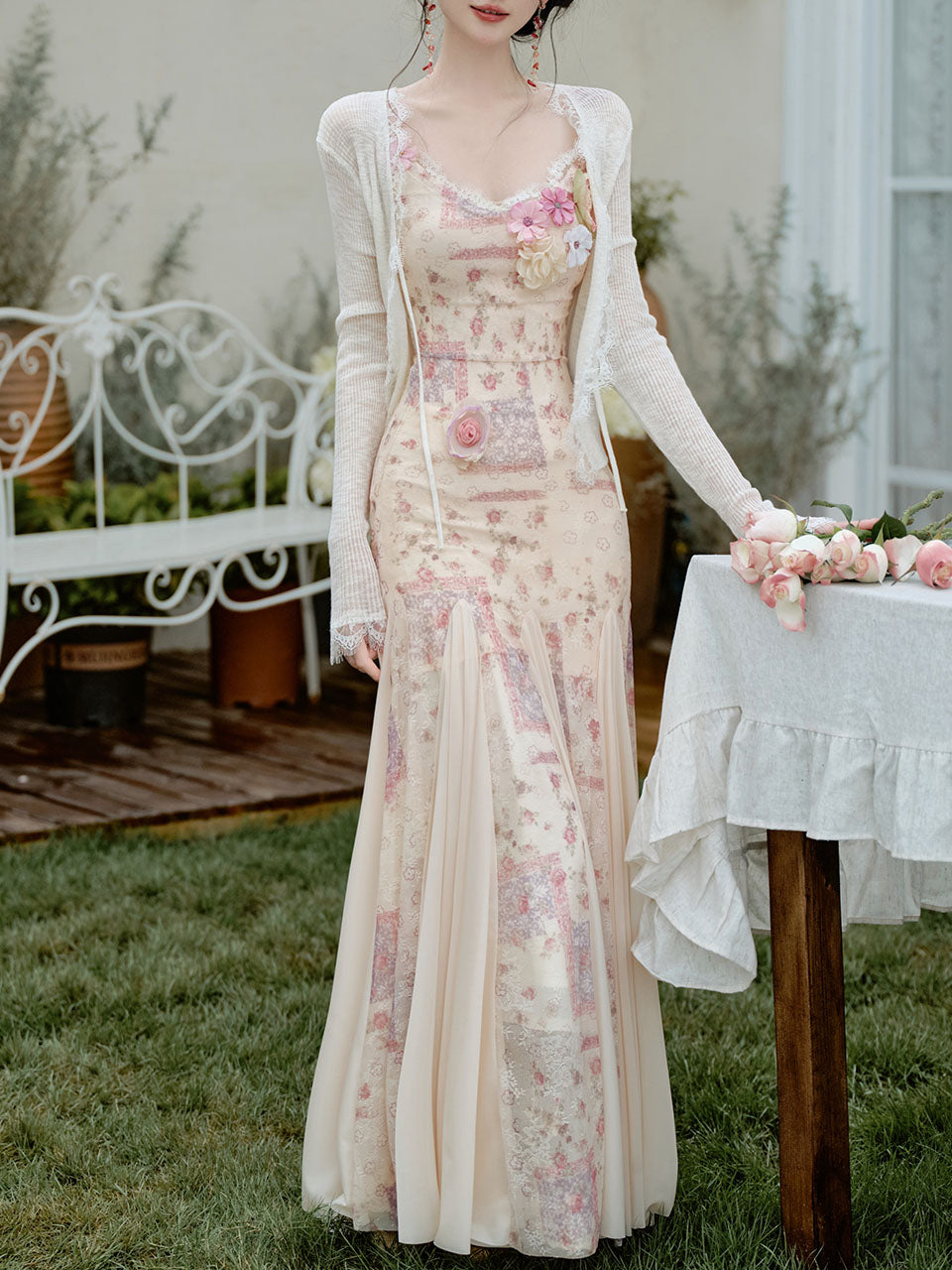 Pink Floral Print Spaghetti Strap Fishtail Flared Vintage Maxi Dress