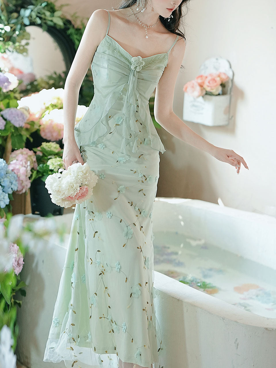 2PS Green Floral Printed Spaghetti Strap Vintage Dress