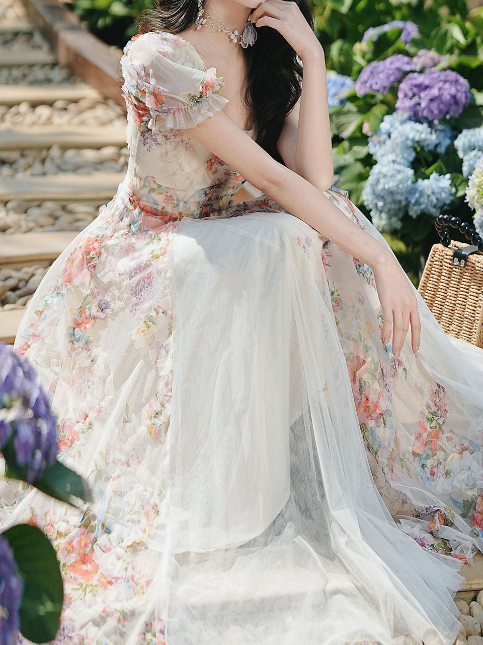 Printed Tulle Puff Sleeve Ruffled Hem Princess Party Dress for Girls Women