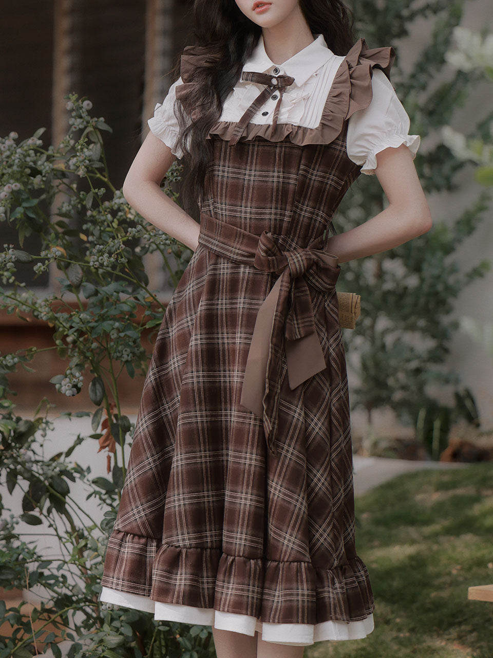 Brown Plaid Fake Two-Piece Short Sleeve Vintage Dress
