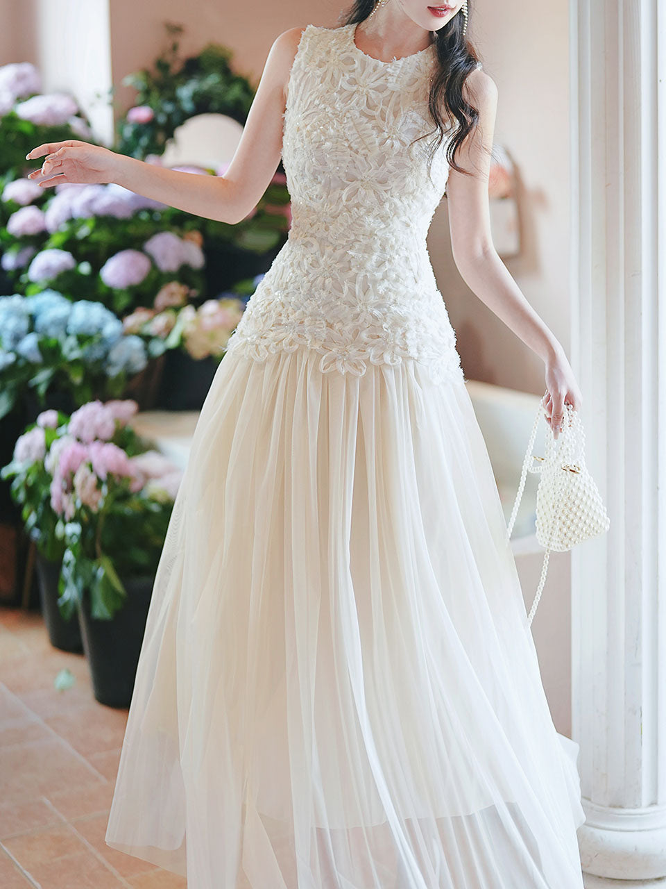 White Lace Patchwork Mesh Vintage Dress