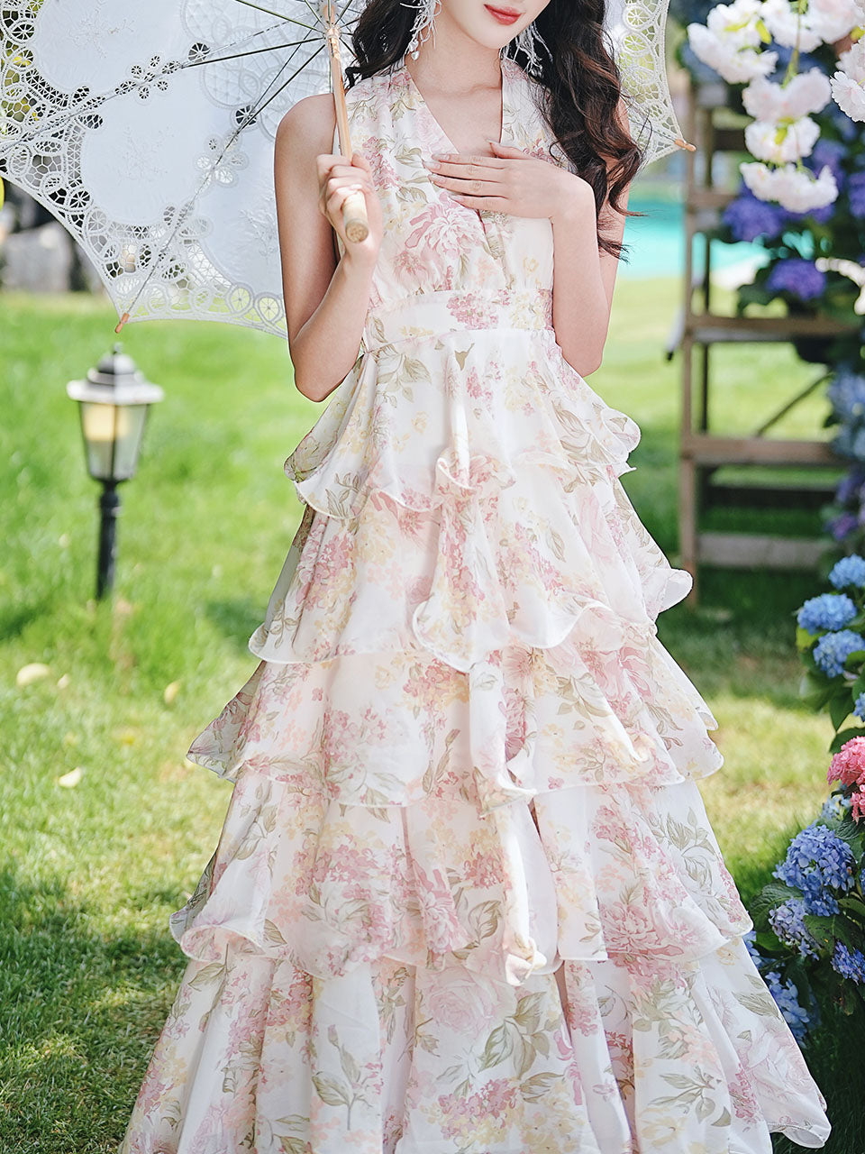 Pink Floral Print Halter Neck Backless Vintage Dress
