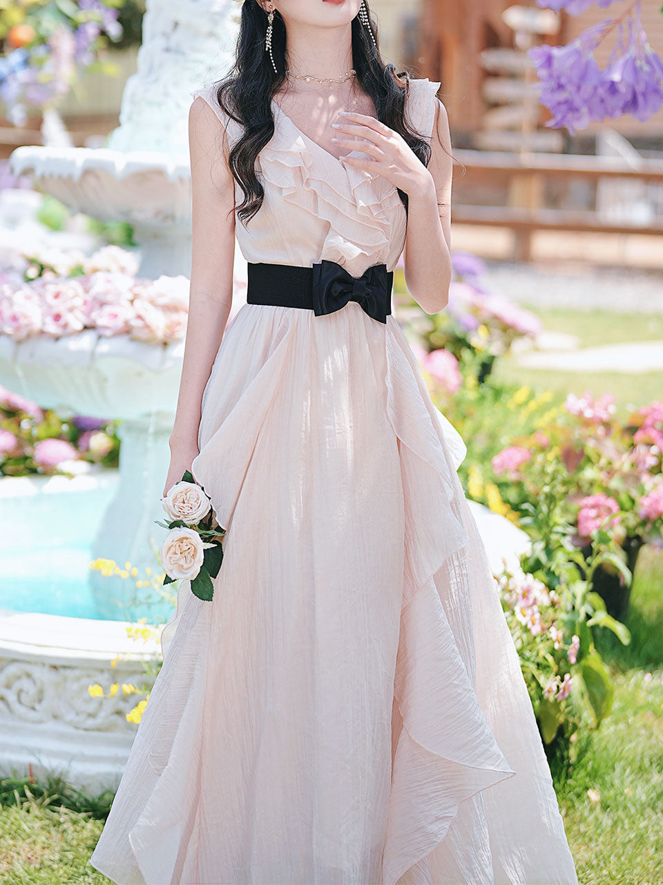 Pink Flowy Ruffle V-Neck Dress