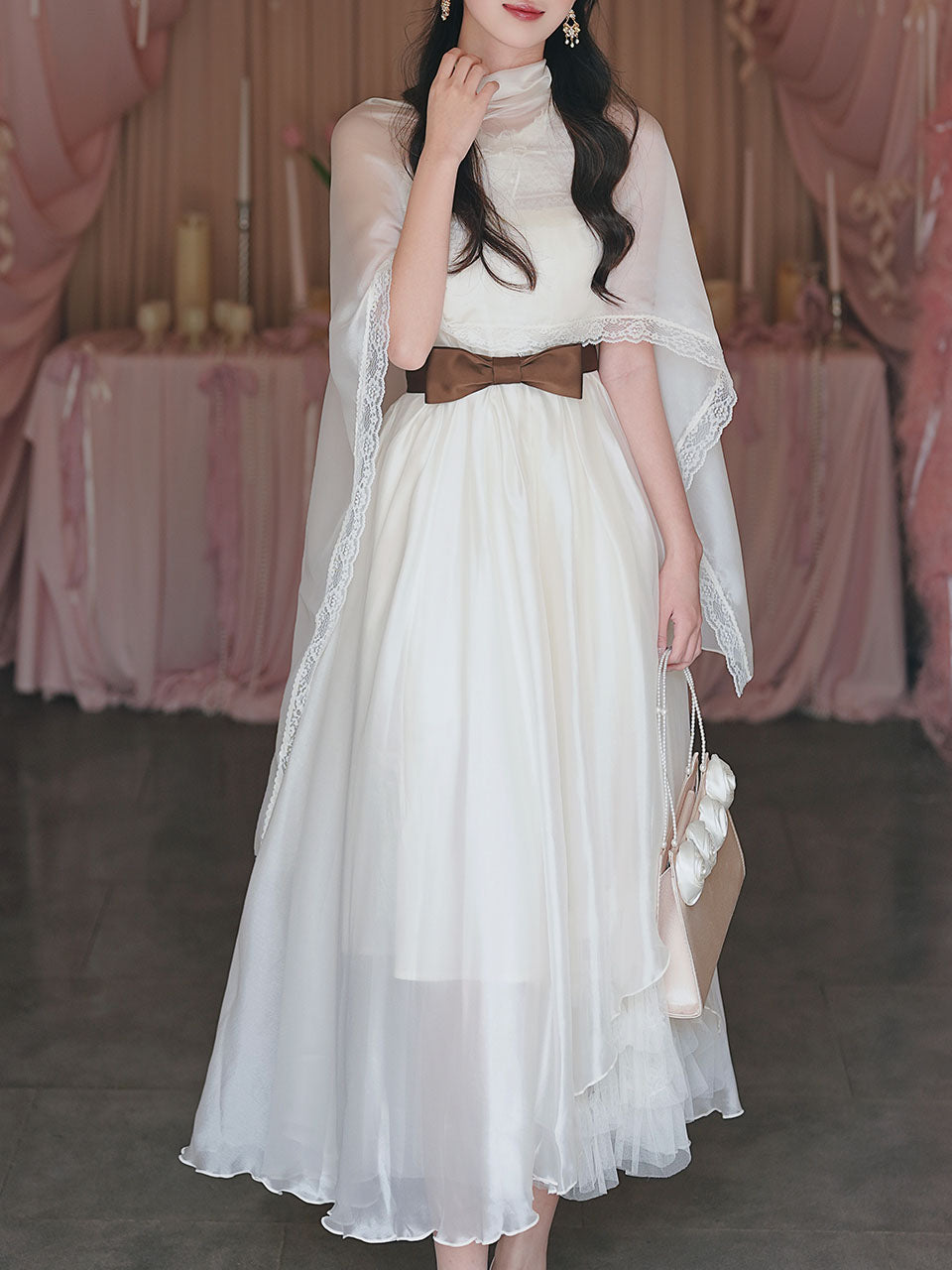 1950s Vintage White Lace Organza Maxi Dress for Women