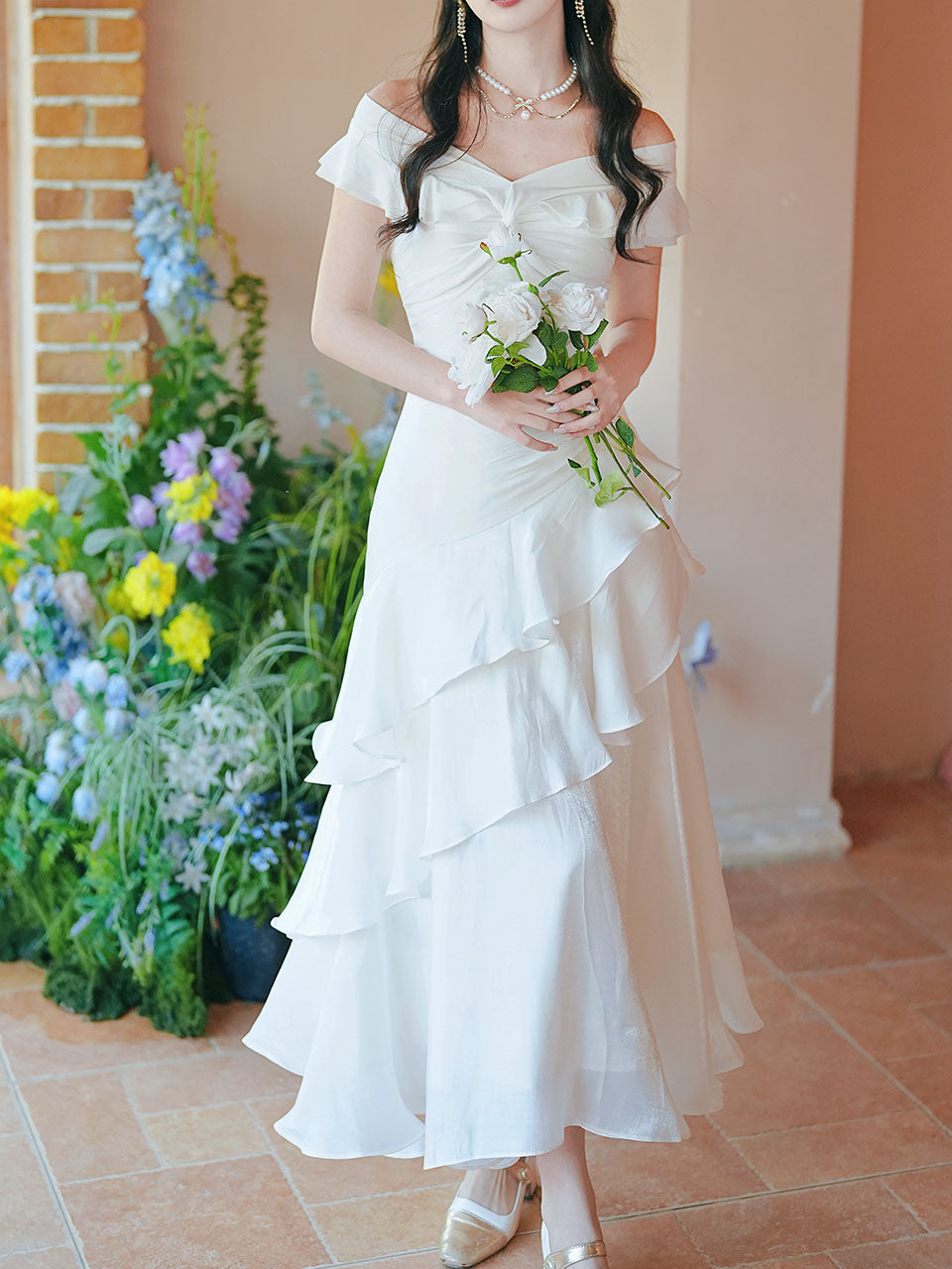 Off Shoulder Ruffle White Dress