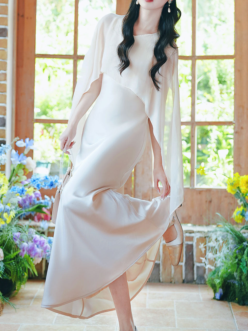 Flowing Chiffon Cape Satin Maxi Dress for Wedding