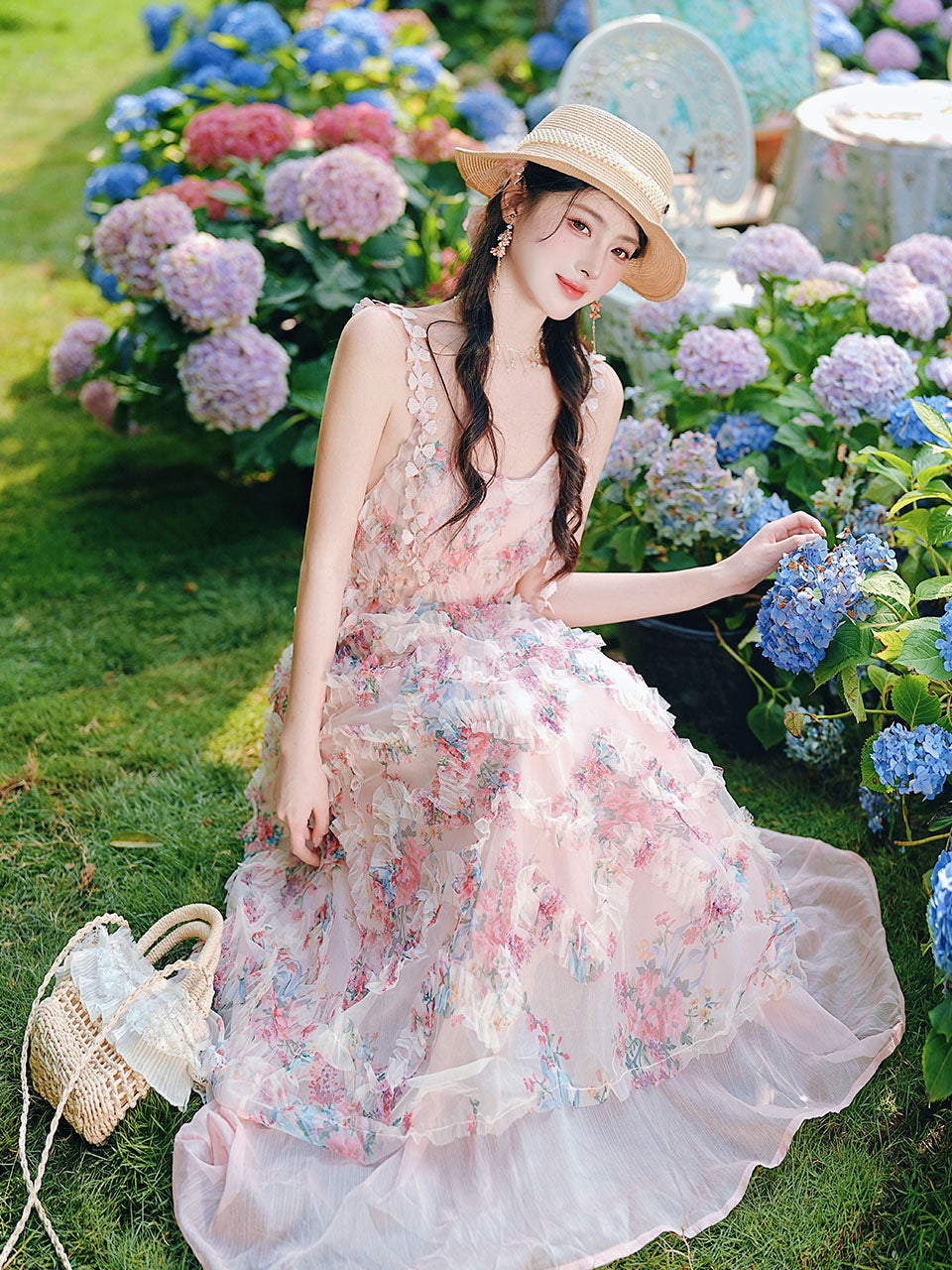 2PS Pink Ruffles Floral Printed Spaghetti Strap Vintage Dress