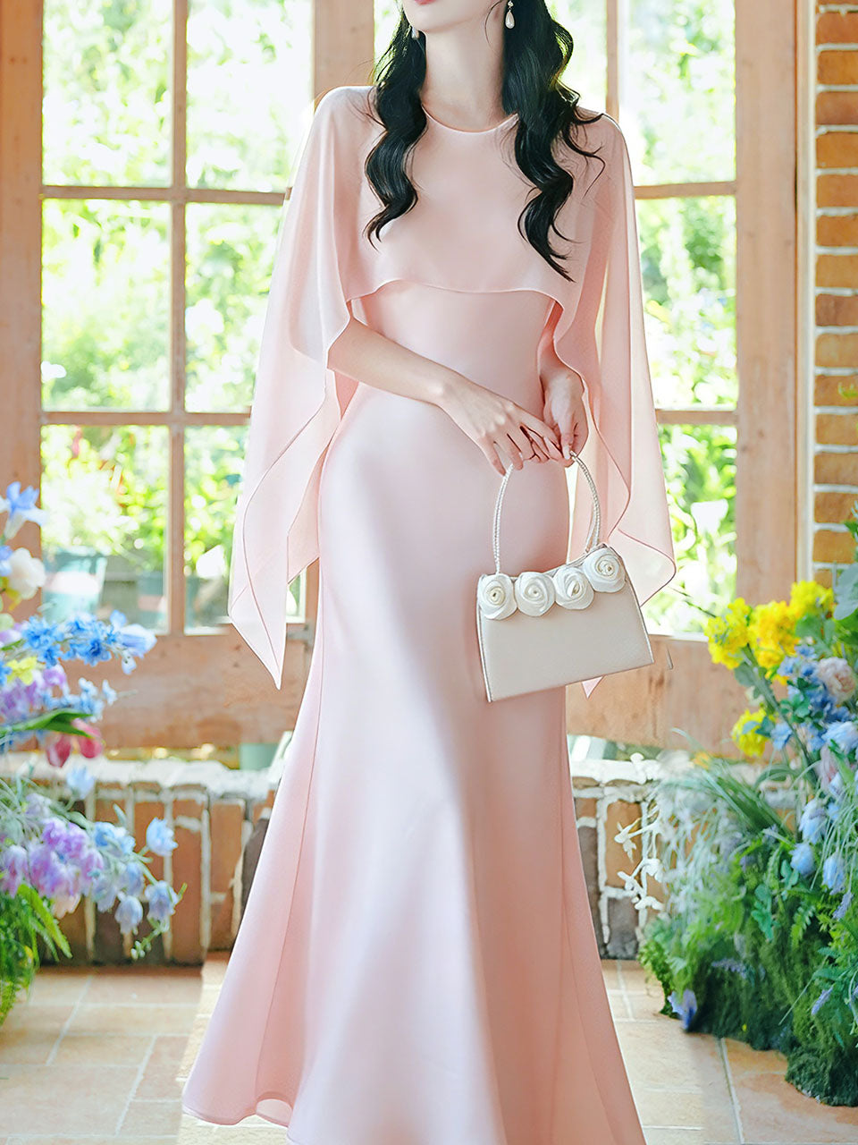 Flowing Chiffon Cape Satin Maxi Dress for Wedding