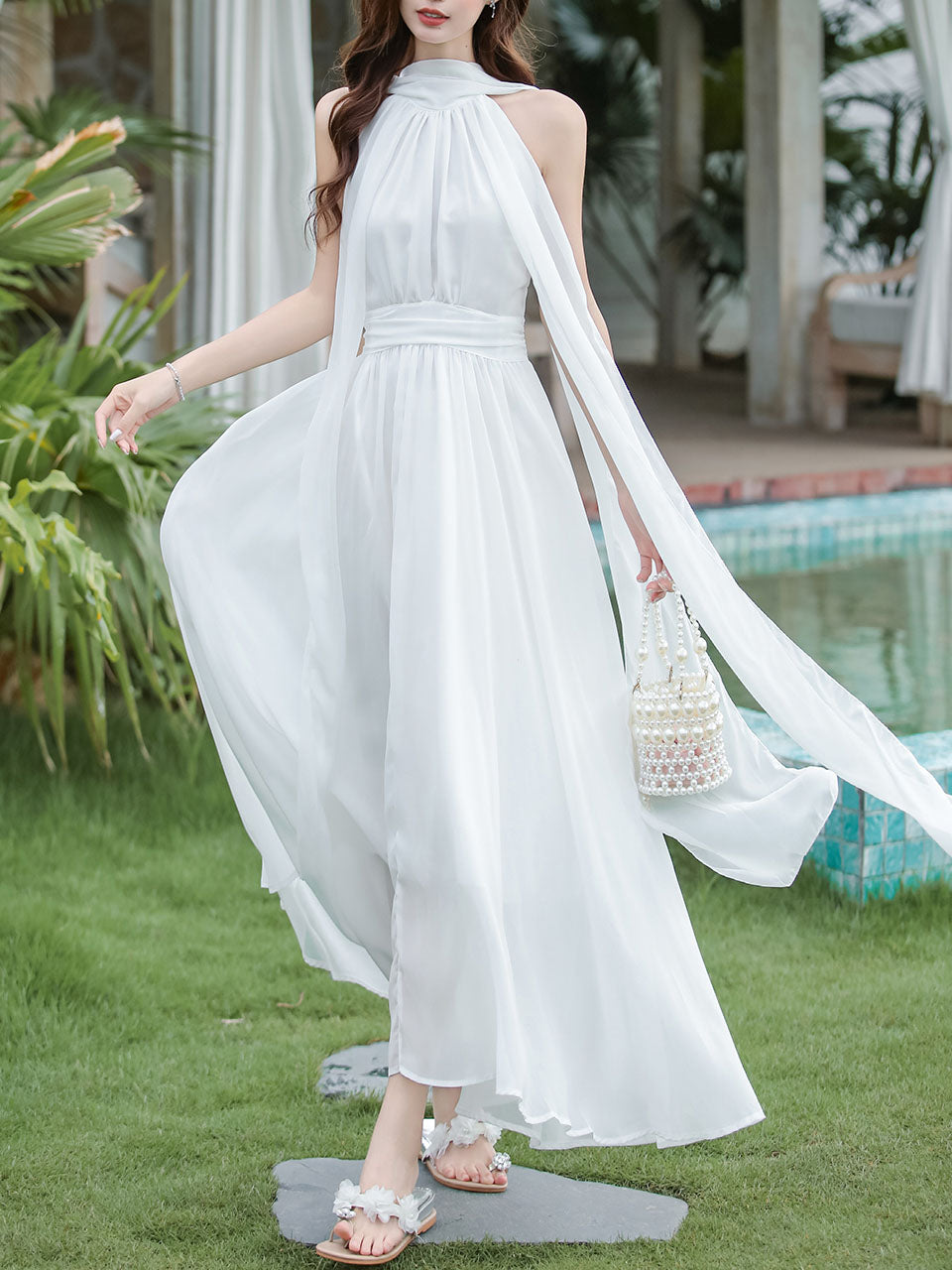 Audrey Hepburn style White Halter Neck Muse Maxi Dress