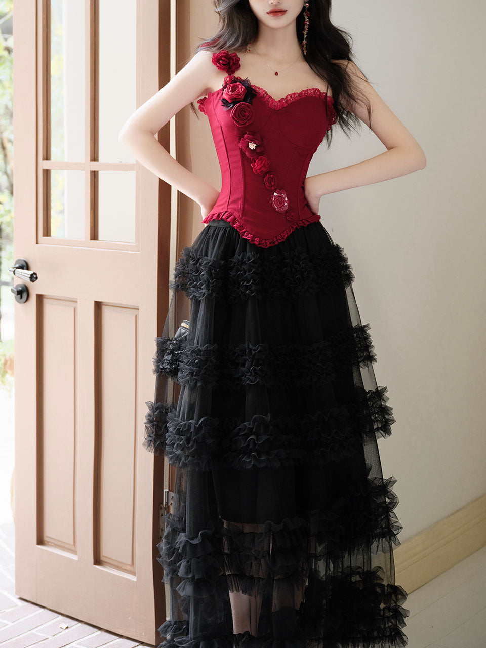 Gothic Red Corset Tiered Tulle Maxi Dress  Rose Asymmetric Ruffle Dark Romantic Party Gown