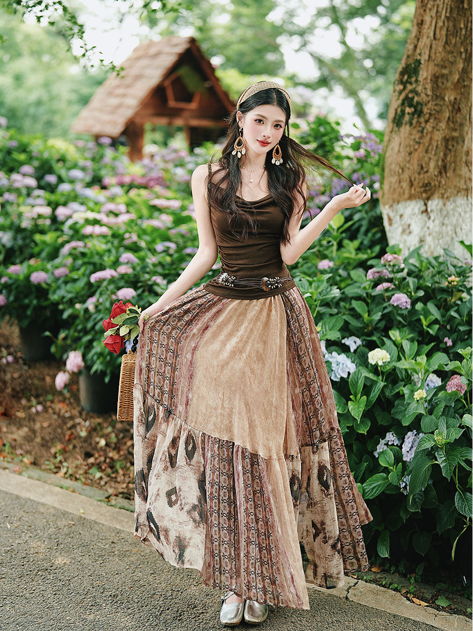Vintage Boho Patchwork Maxi Skirt - Flowy A-Line Tiered Long Skirt for Women