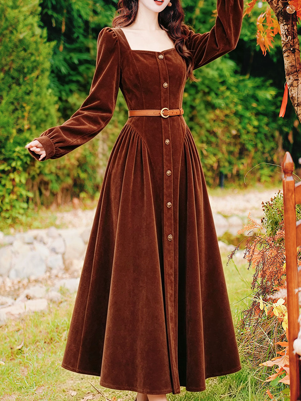 Vintage Brown Velvet Square Neck Puff Sleeve Button-Down Midi Dress
