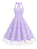 Purple Semi Mesh Rose Embroidered Sleeveless Halter Neck 50S Swing Dress