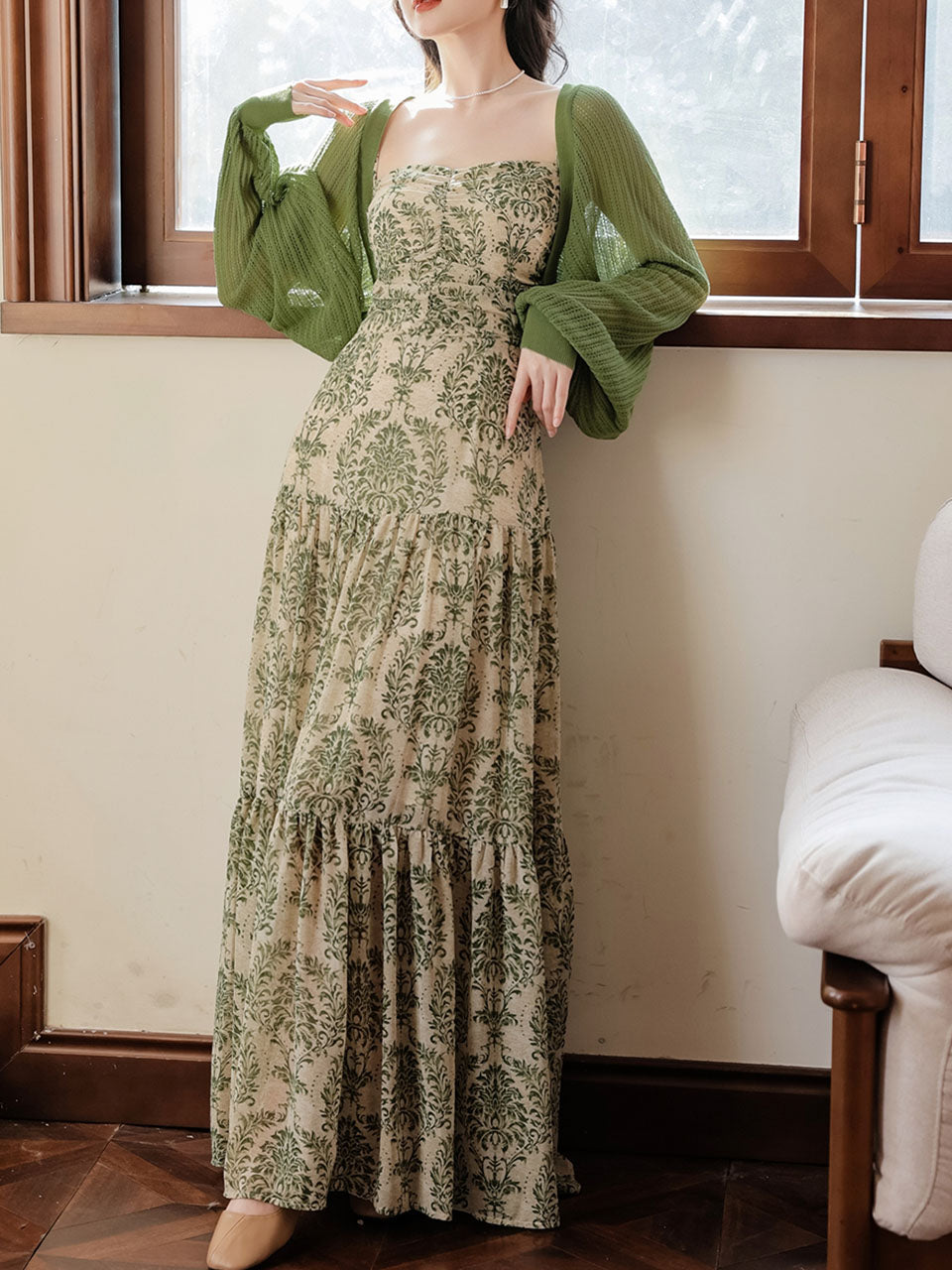 Green Bohemian Floral Print Chiffon Maxi Dress Prom Dress