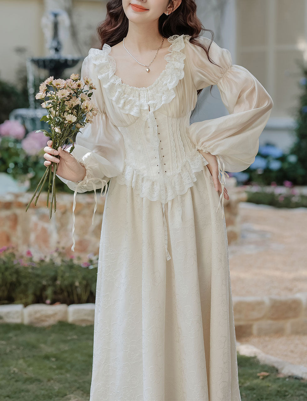 Sweet Victorian Ruffles Corset Long Sleeve Wedding Maxi Dress