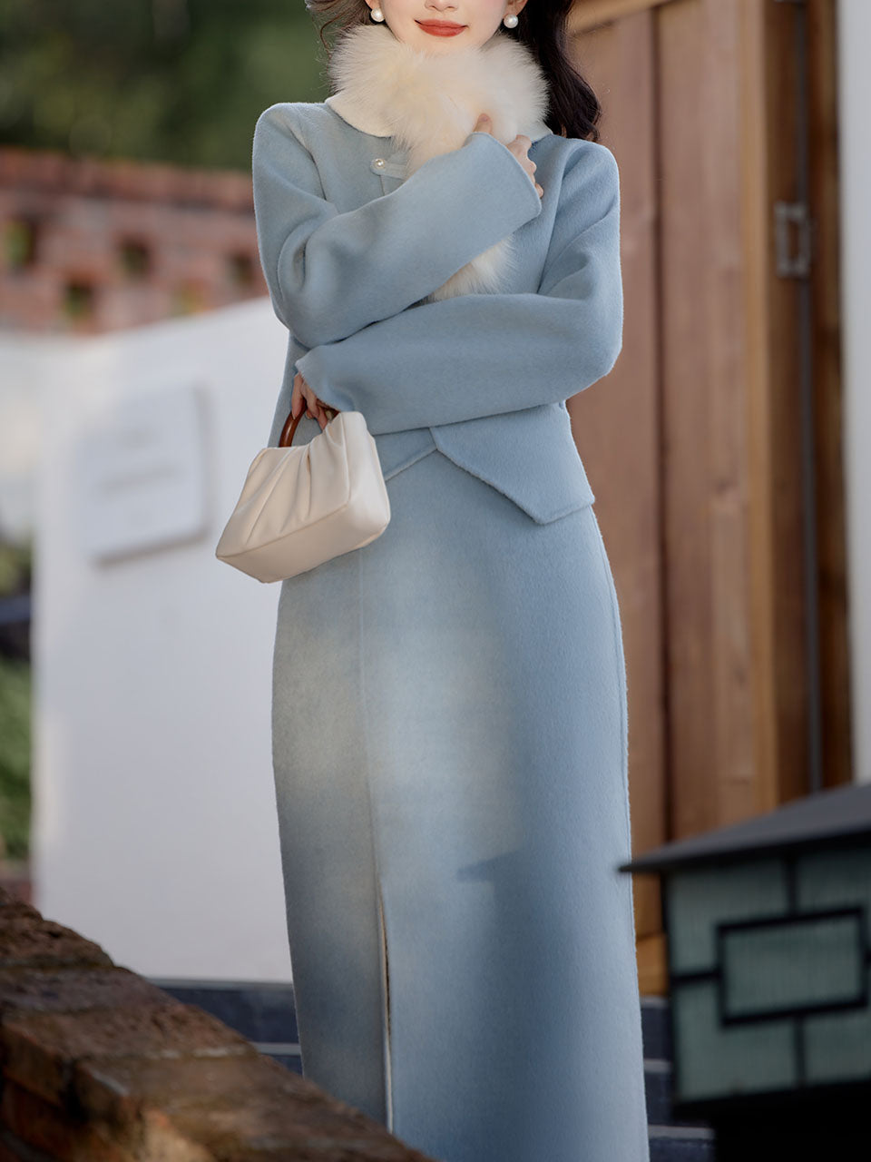 2PS Light Blue Rounded Flat Long Sleeve Wool Coat