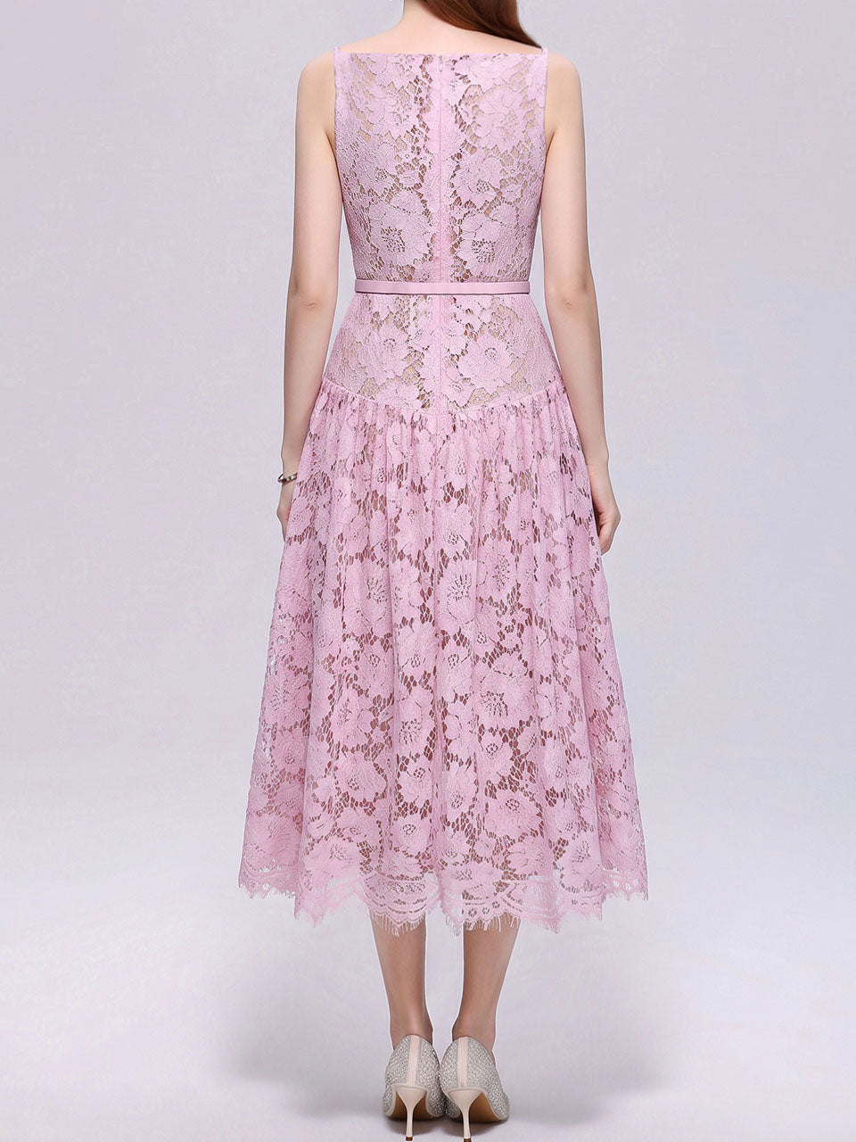White Floral Sleeveless Boat Neck A-Line Wedding Lace Dress