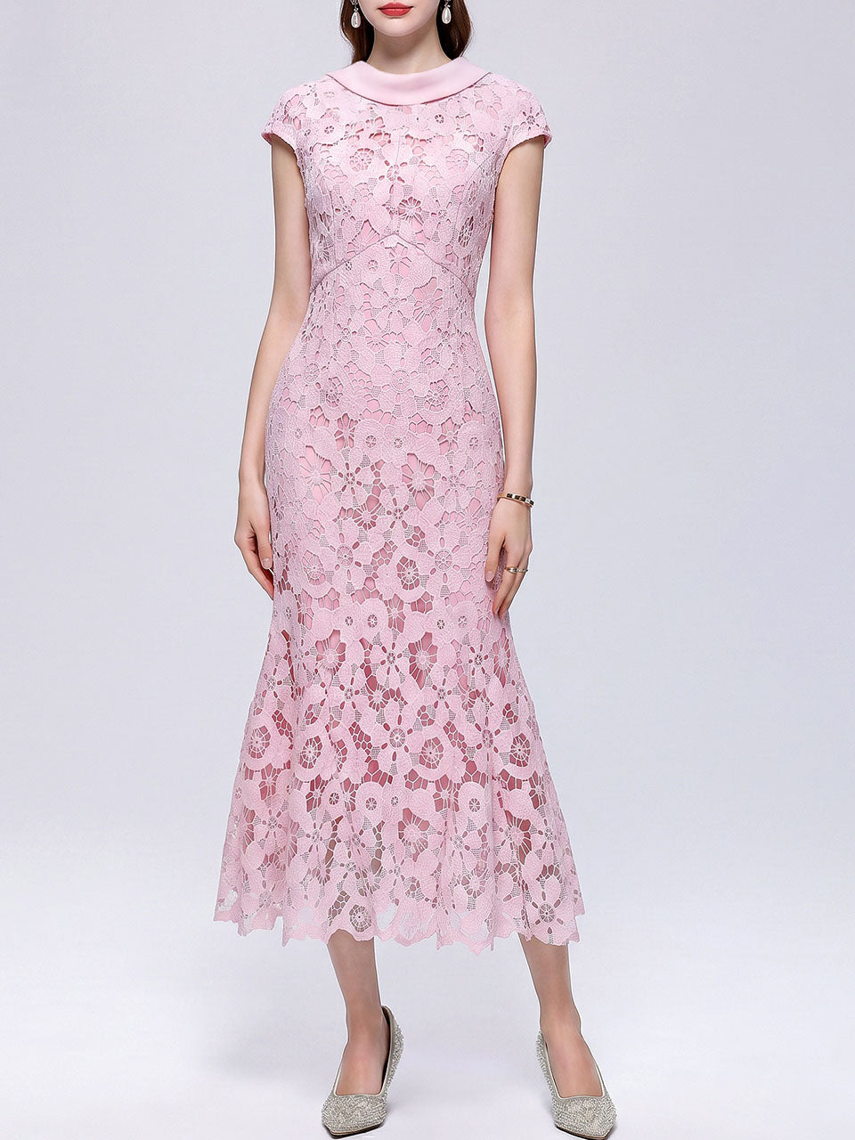 Cream Lace Mermaid Cowl Neck Midi Dress for Wedding