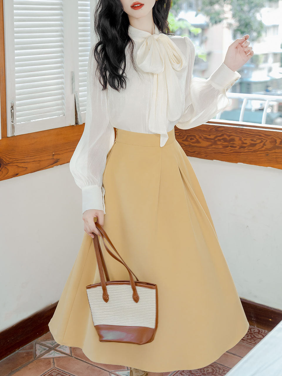 3PS Bowknot Collar Shirt and Yellow 1950S Vintage Coat