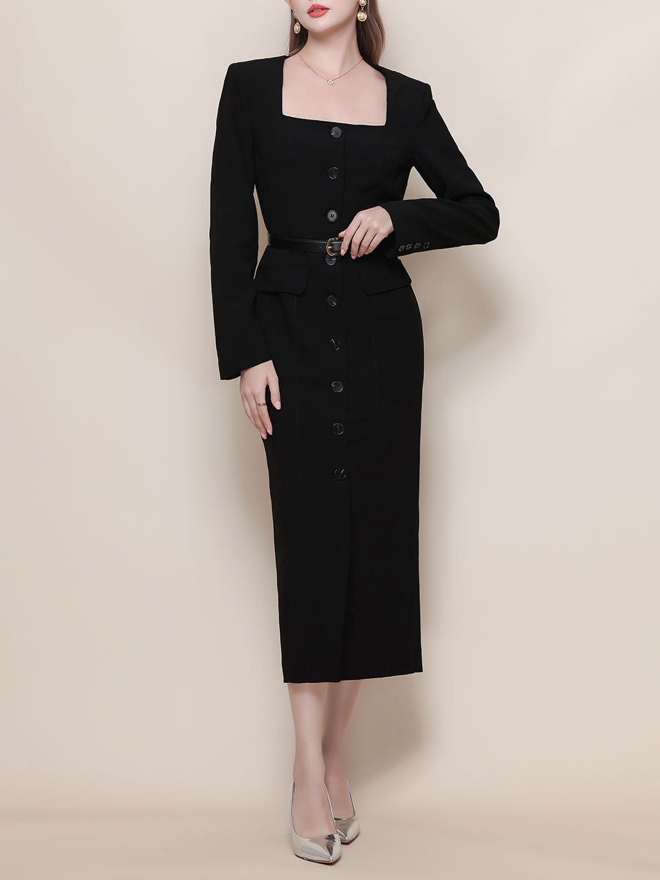 Black Square Collar Long Sleeve Bodycon 1960S Dress