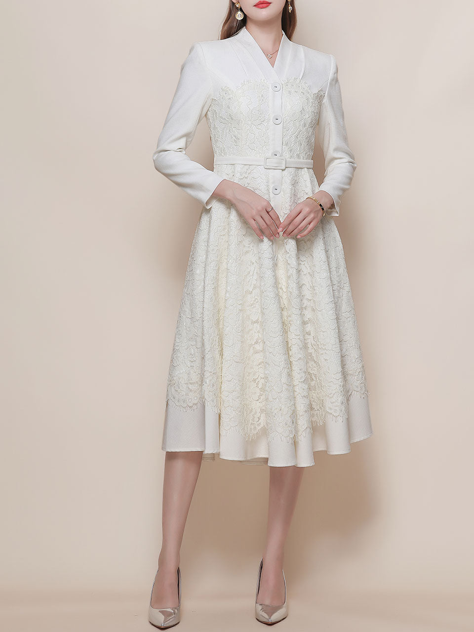 White V Neck Long Sleeve Classic 1950S Vintage Dress