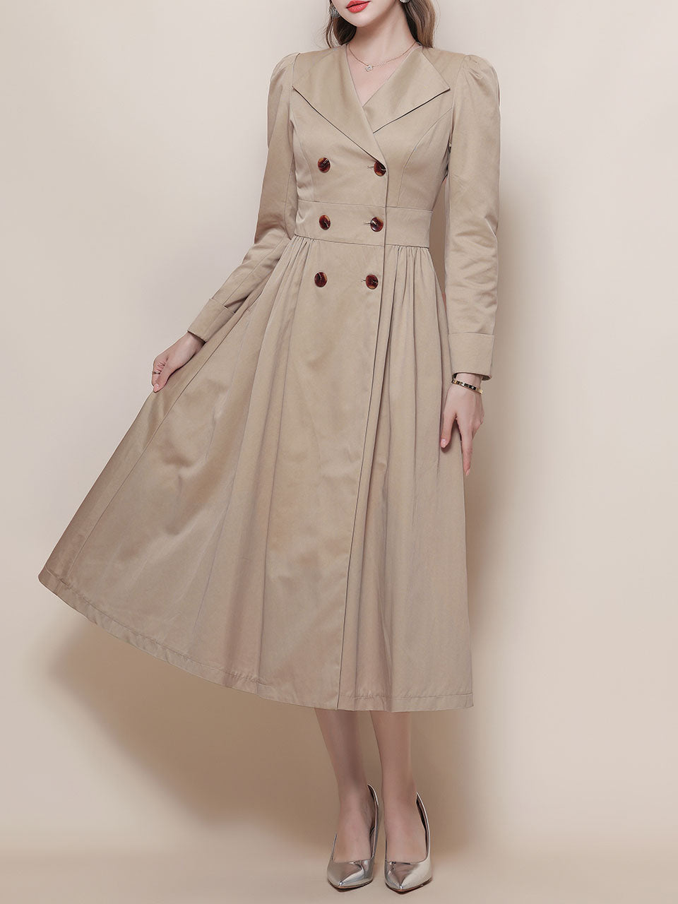 Khaki Vintage Style Double Breasted Trench Dress Coat