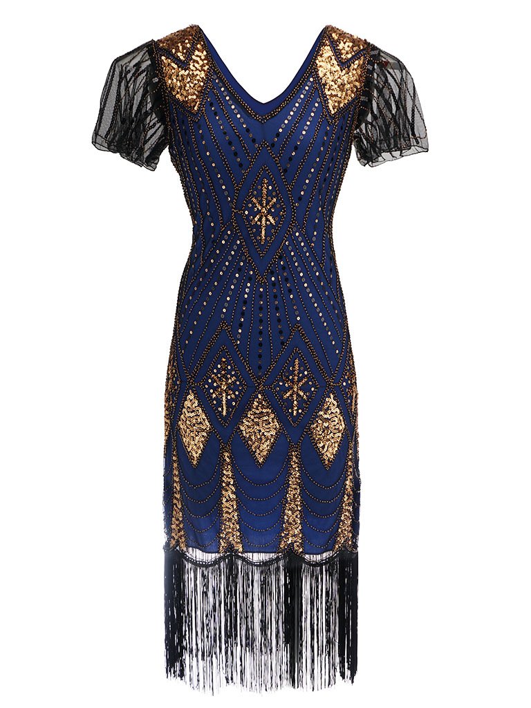 Gold Red 1920s V Neck Sequined Flapper Dress