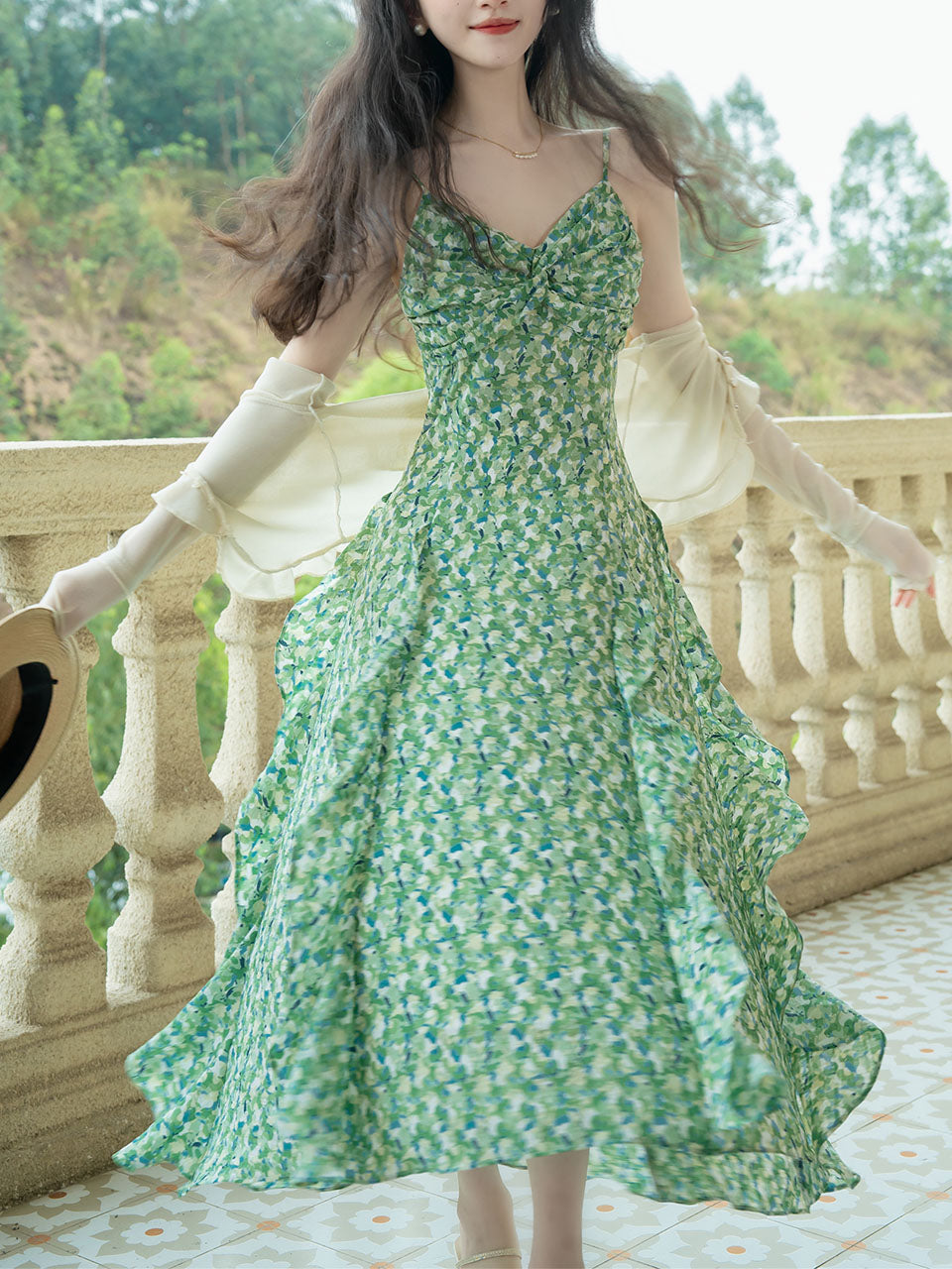 Green Floral Print Ruffles Spaghetti Strap Dress