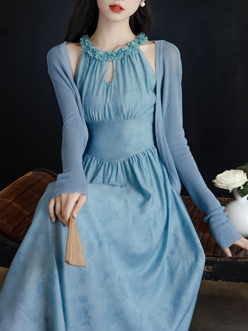 2PS Blue Floral Printed Jacaranda Flower Crew Neck Retro Girdle Dress