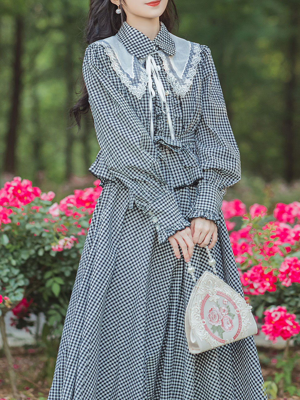 2PS 1950S Plaid Long Sleeve Shirt And Swing Skirt Dress Suit