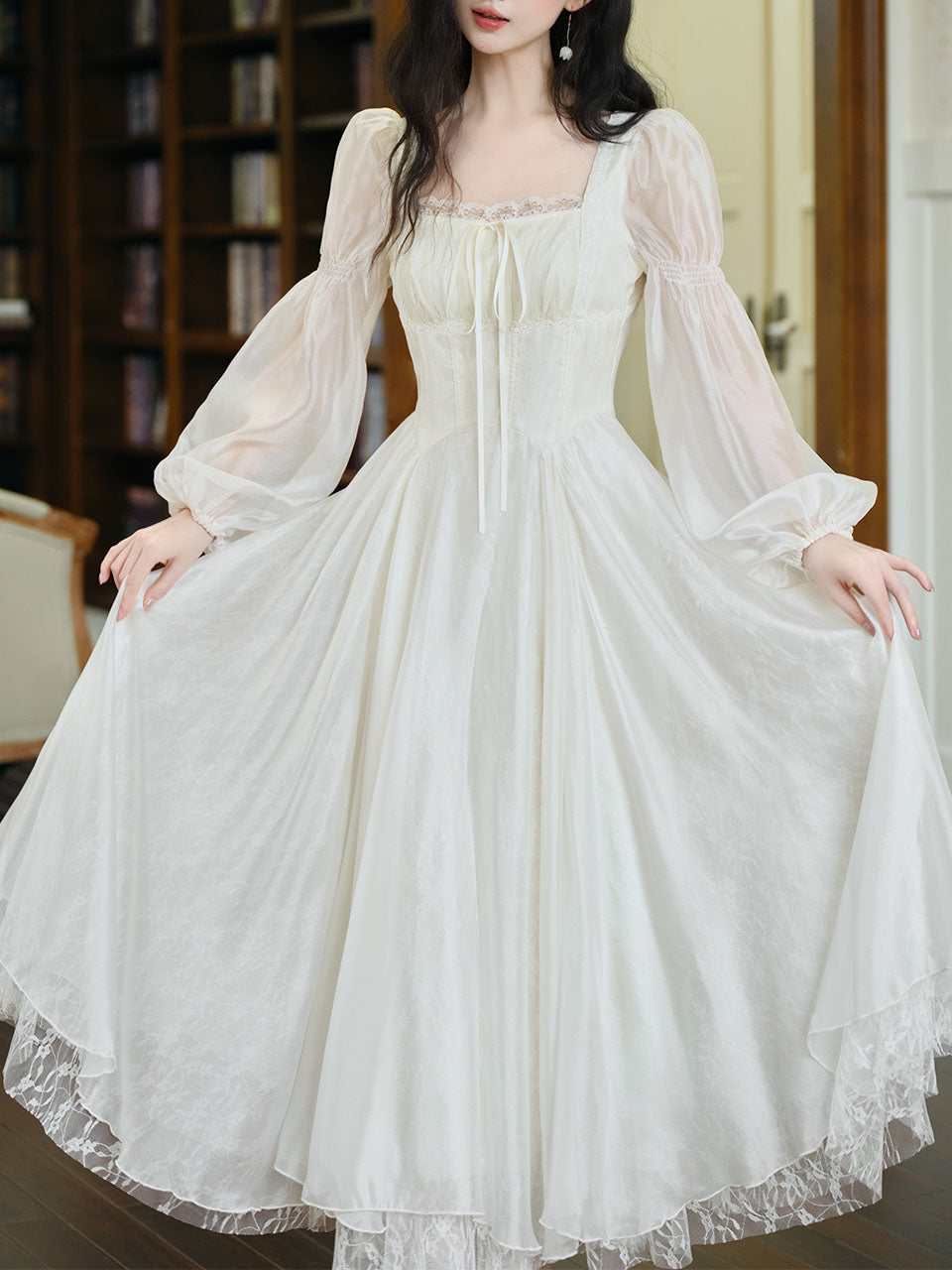 White Lace Square Collar Long Sleeve 1950S Vintage Swing Dress