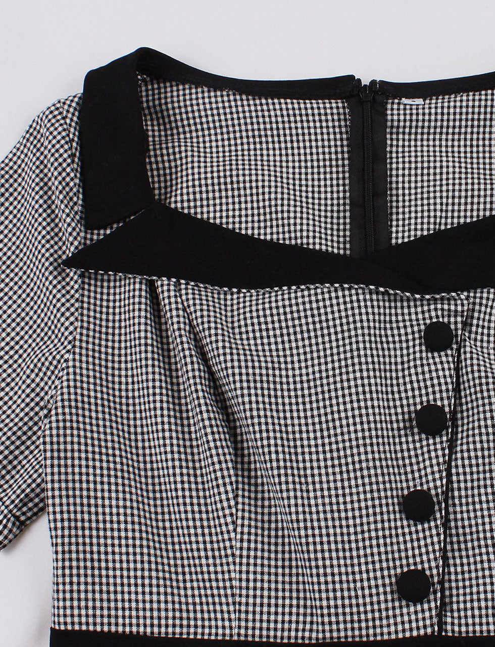 1950s Black Square Collar Plaid Short Sleeve Vintage Swing Dress