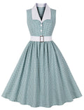 Green Houndstooth Plaid V Neck 1950s Swing Dress
