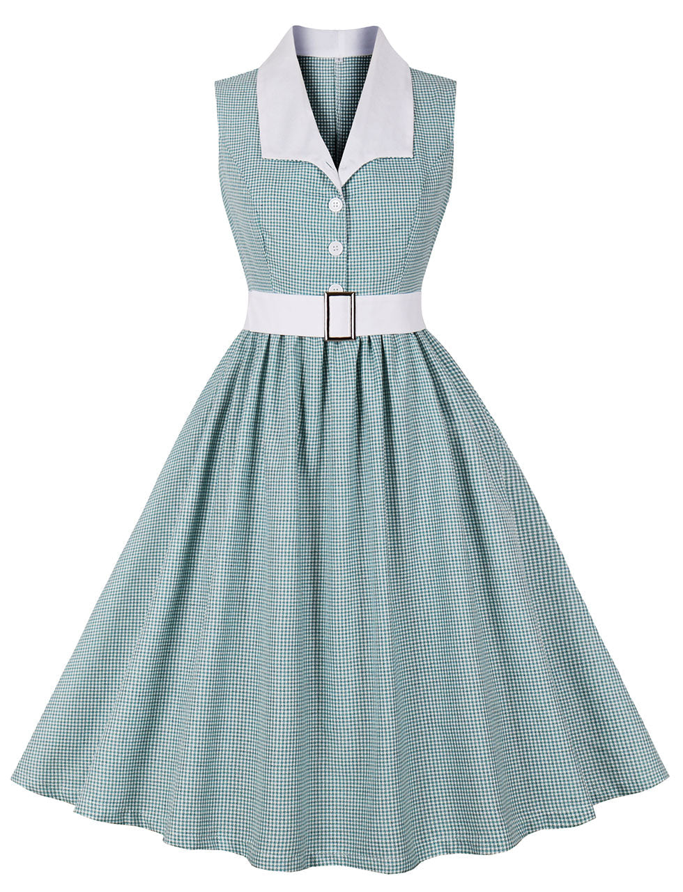 Green Houndstooth Plaid V Neck 1950s Swing Dress