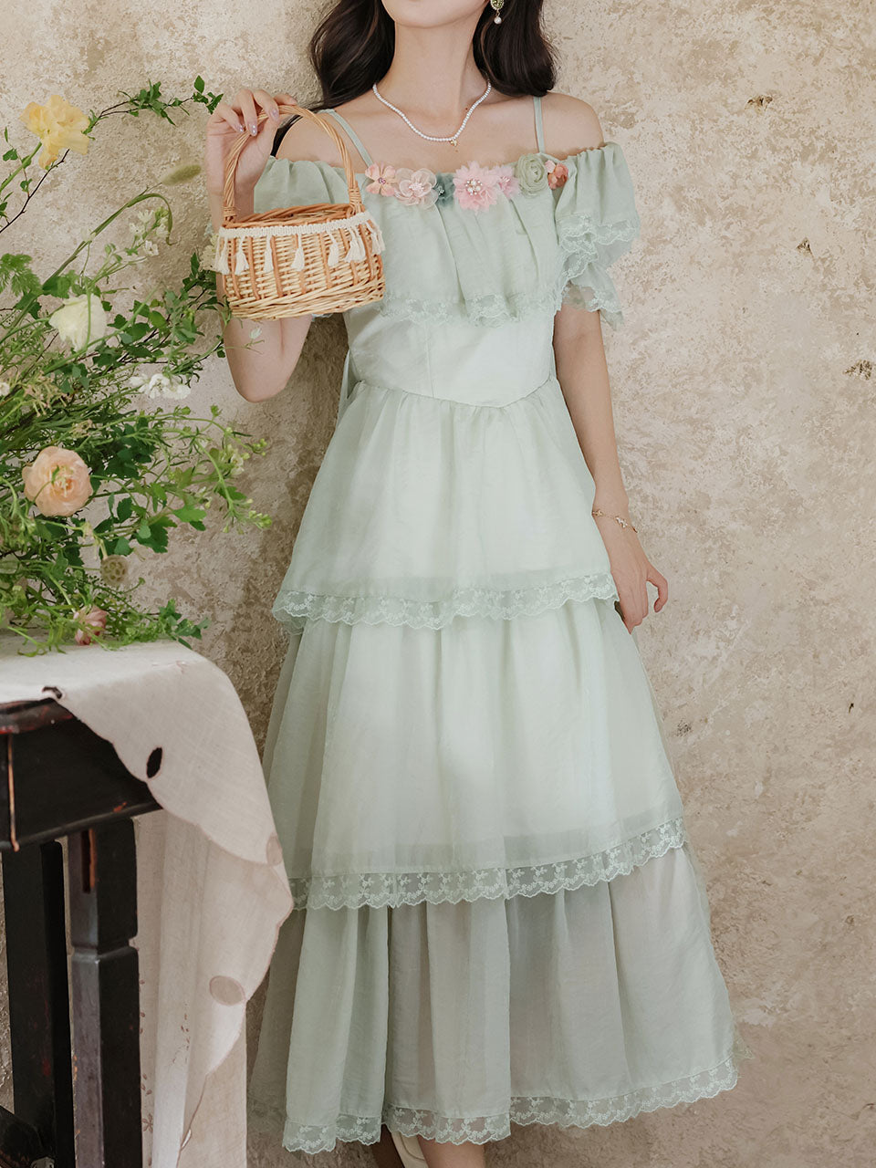 Light Green Off Shoulder Chiffon Tiered Maxi Dress