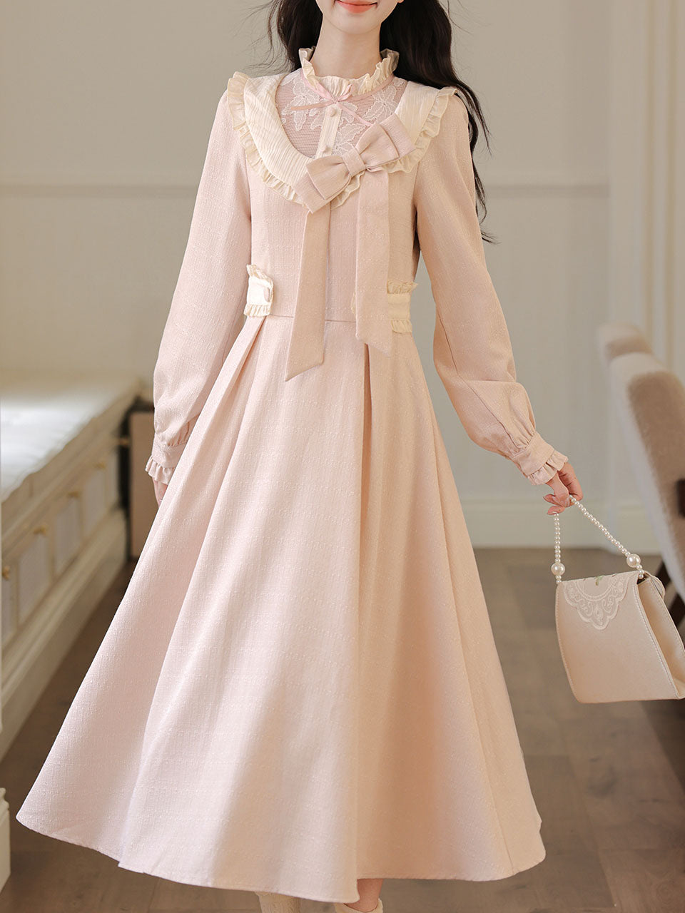 Vintage Pink Bow Long Sleeve Swing Dress