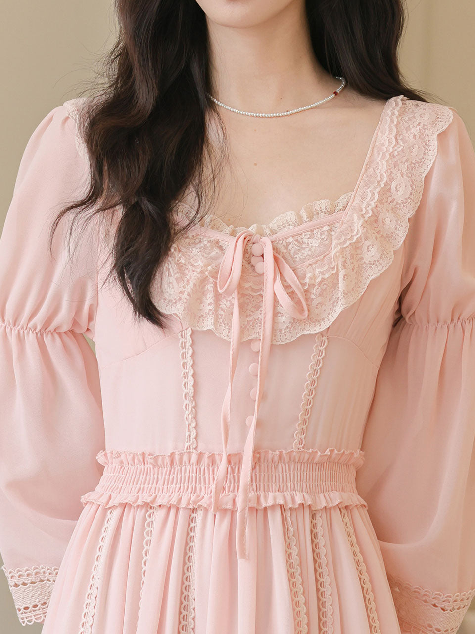 Pink Lace Long Sleeve Victorian Square Neck Vintage Dress