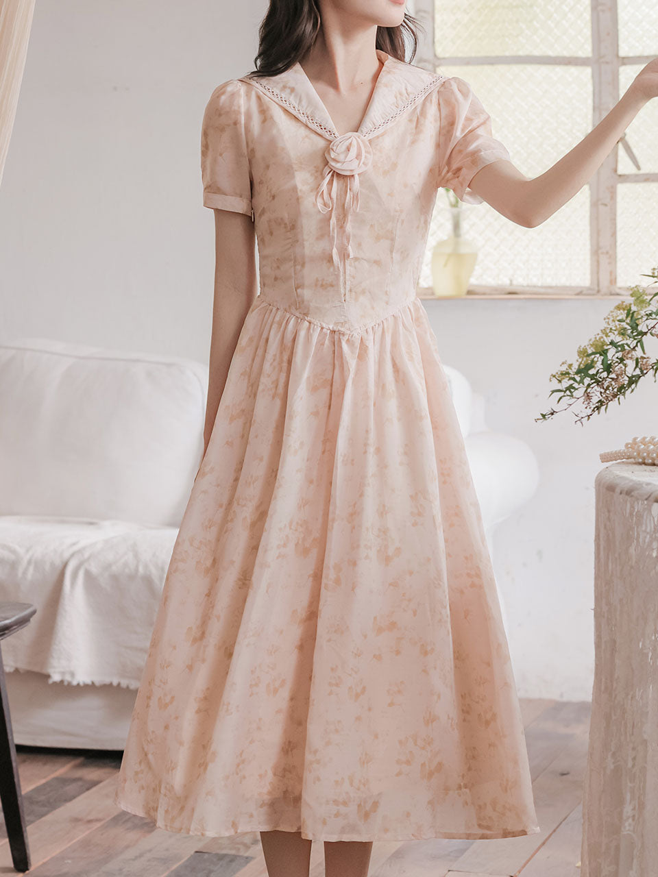 Apricot Sailor Collar Handmade Rosettes Vintage Dress