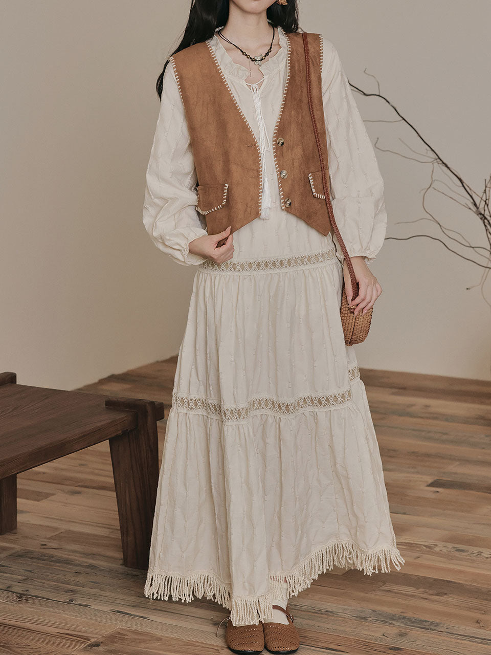 Bohemian White Embroidered Cotton Tassel Hem Maxi Dress